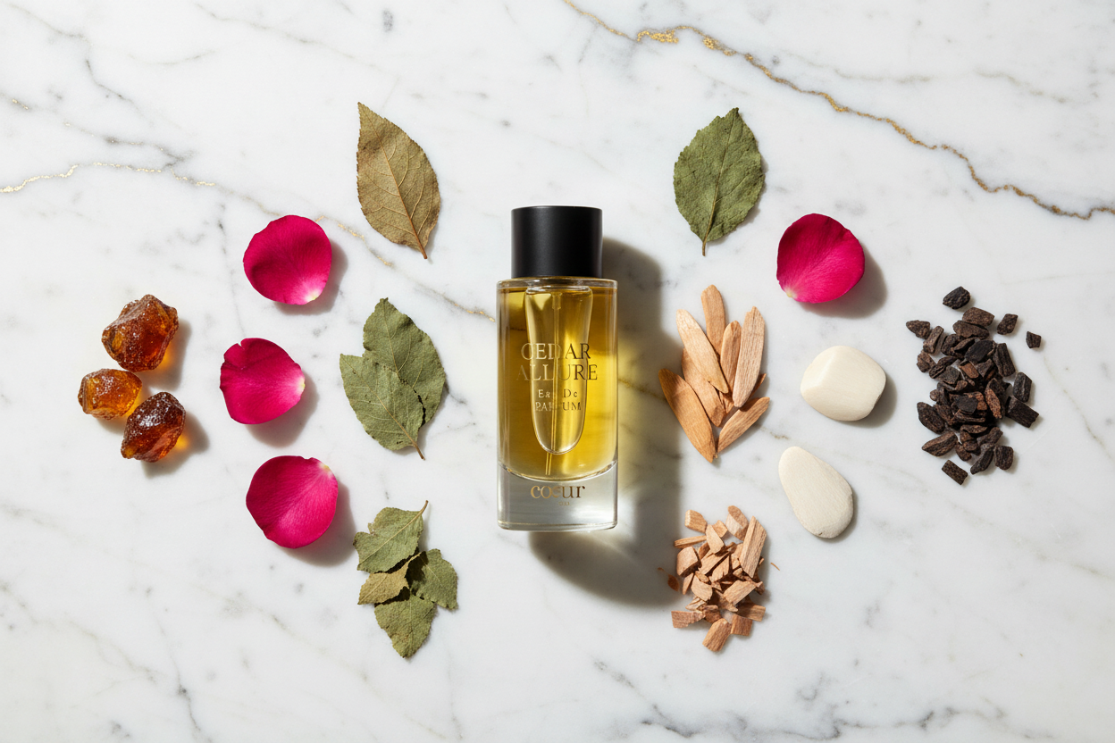 CEDAR ALLURE with Fragrance Notes on Marble